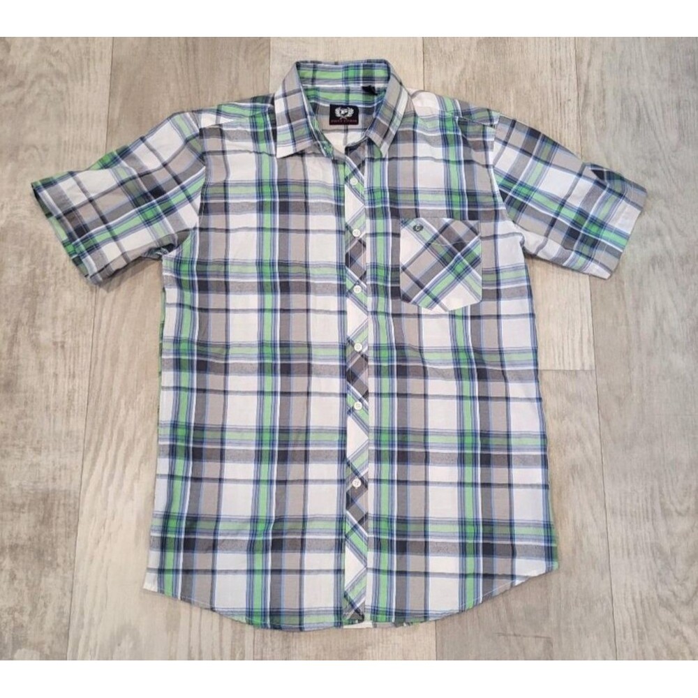Phat Farm Short Sleeve Plaid Shirt Men's M Blue Green Lightweight Button Y2K 90s